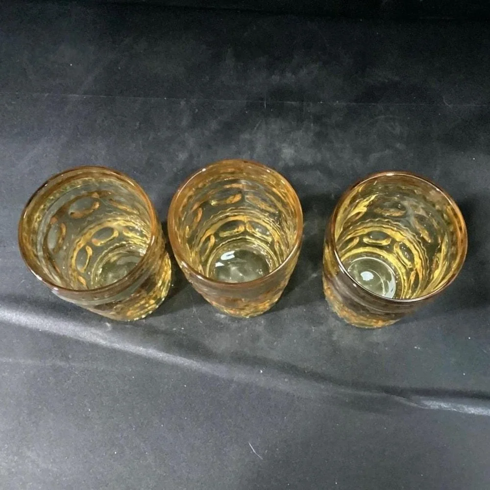 Colony Glass Crown Pattern Tumblers, Set‎ of 3, Honey Gold Glasses, Drinkware